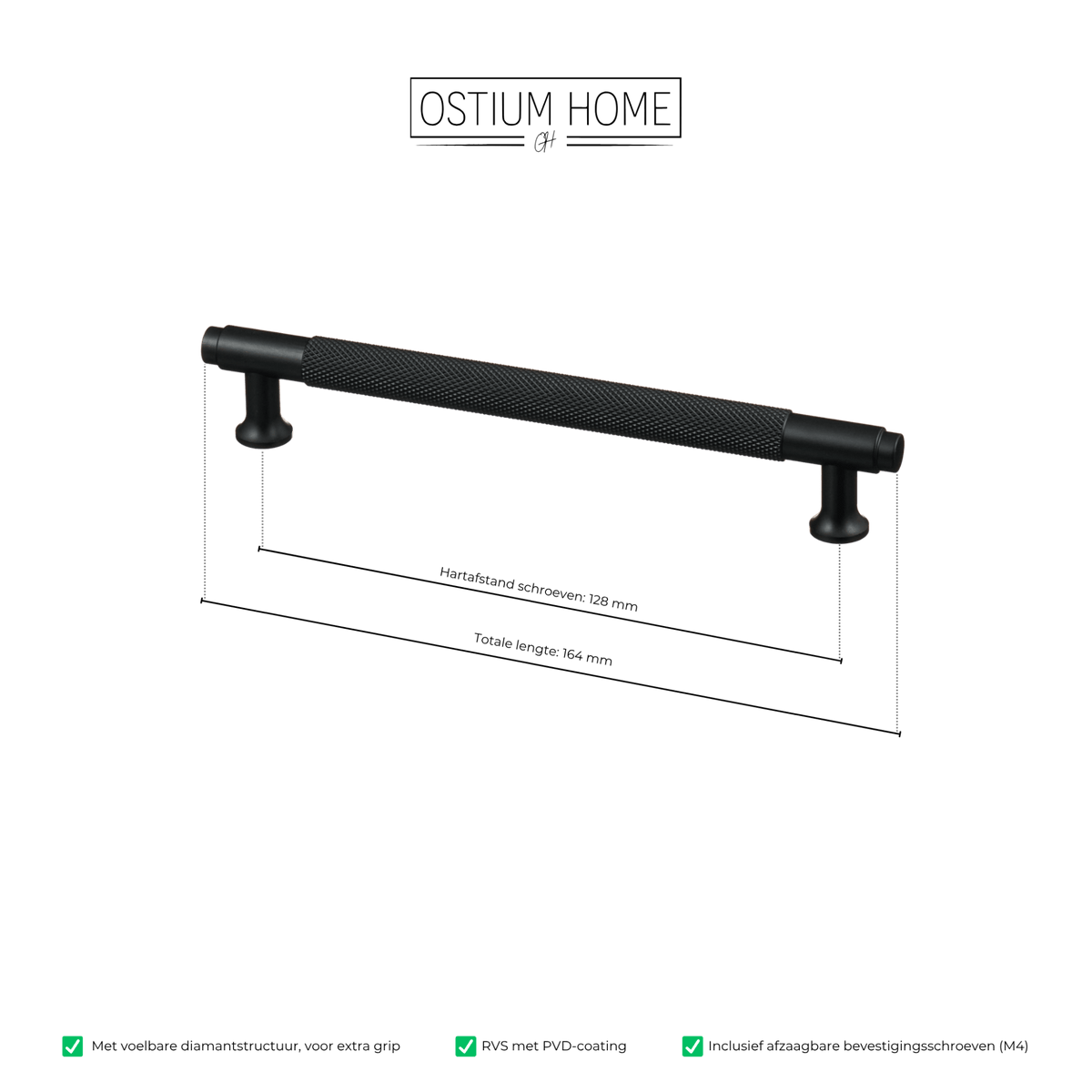 Maattekening van meubelgreep in zwart met diamond cut structuur, hartafstand 128 mm, lengte 164 mm