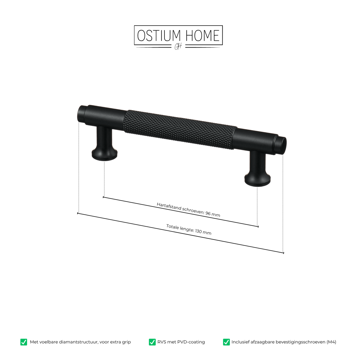 Maattekening van meubelgreep in zwart met diamond cut structuur, hartafstand 96 mm, lengte 130 mm