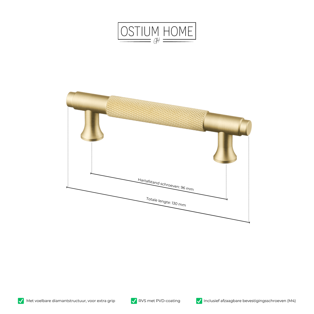 Maattekening van meubelgreep in goud met diamond cut structuur, hartafstand 96 mm, lengte 130 mm