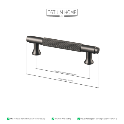 Maattekening van meubelgreep in gun metal met diamond cut structuur, hartafstand 96 mm, lengte 130 mm