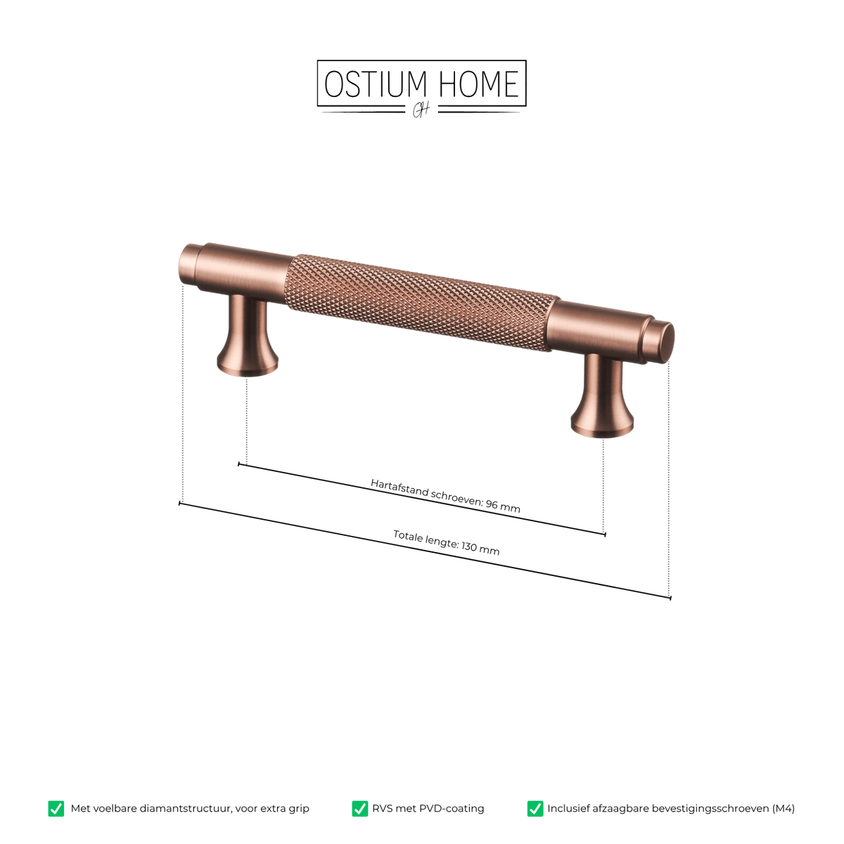 Maattekening van meubelgreep in koper met diamond cut structuur, hartafstand 96 mm, lengte 130 mm