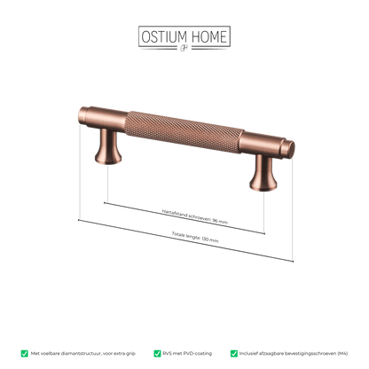 Maattekening van meubelgreep in koper met diamond cut structuur, hartafstand 96 mm, lengte 130 mm
