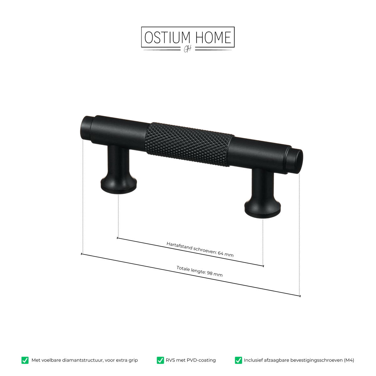 Maattekening van meubelgreep in zwart met diamond cut structuur, hartafstand 64 mm, lengte 98 mm