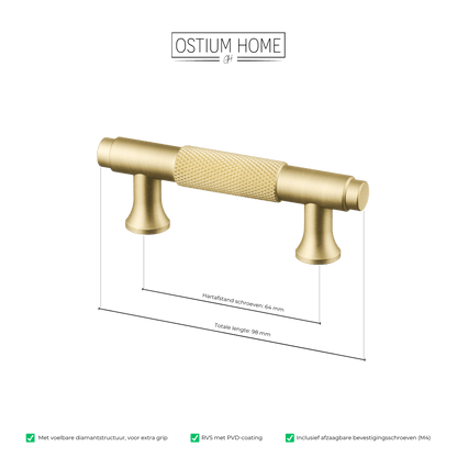 Maattekening van meubelgreep in goud met diamond cut structuur, hartafstand 64 mm, lengte 98 mm