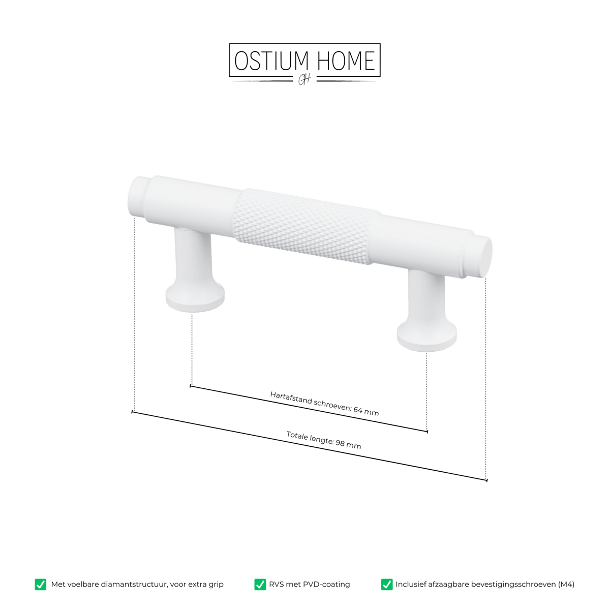 Maattekening van meubelgreep in wit met diamond cut structuur, hartafstand 64 mm, lengte 98 mm