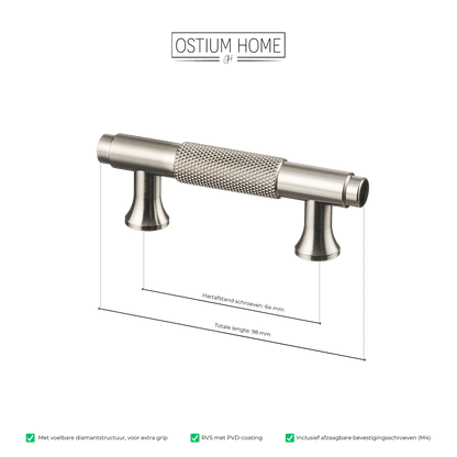 Maattekening van meubelgreep in RVS met diamond cut structuur, hartafstand 64 mm, lengte 98 mm