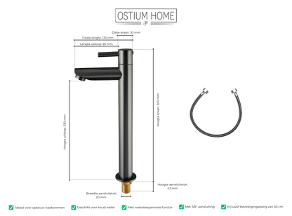 Maattekening van hoge fonteinkraan Altano in gun metal