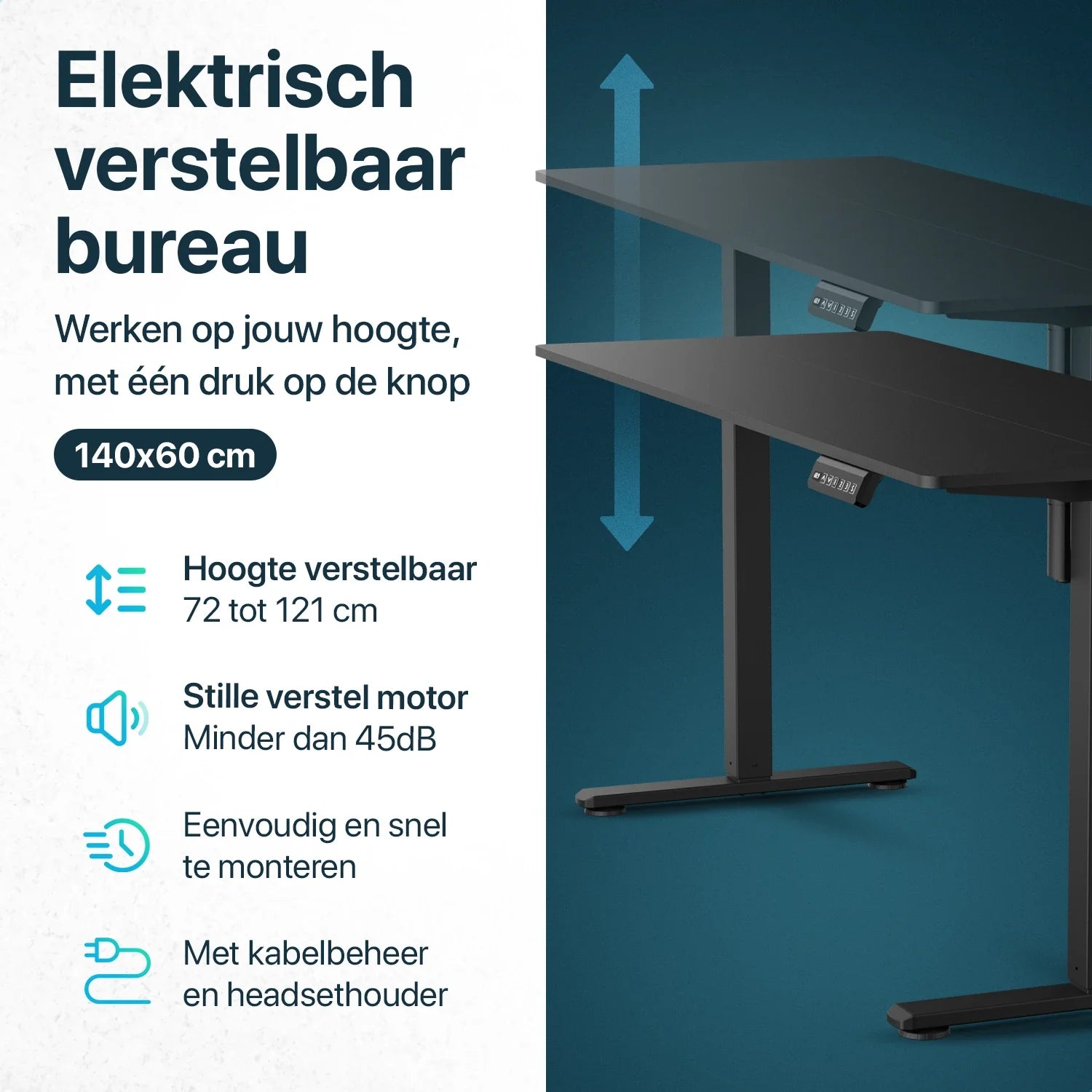 Flowsense Zit Sta Bureau - Verstelbaar Elektrisch Bureau - 140 x 60 cm - WDtegels