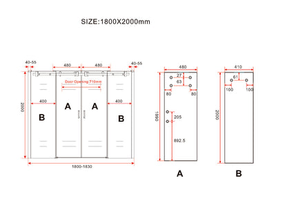 Maattekening Slide nis schuifdeur dubbel 180x200cm 8mm Nano helder glas Mat zwart