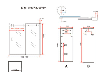 Puerta corredera de nicho deslizante 1100 x 2000 x 8 mm vidrio nano transparente/negro mate