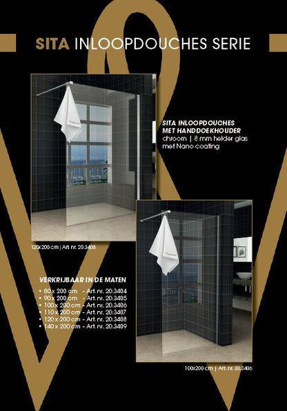 Sita inloopdouche met handdoekhouder 110x200 cm chroom/8 mm helder glas met Nano coating - WDtegels