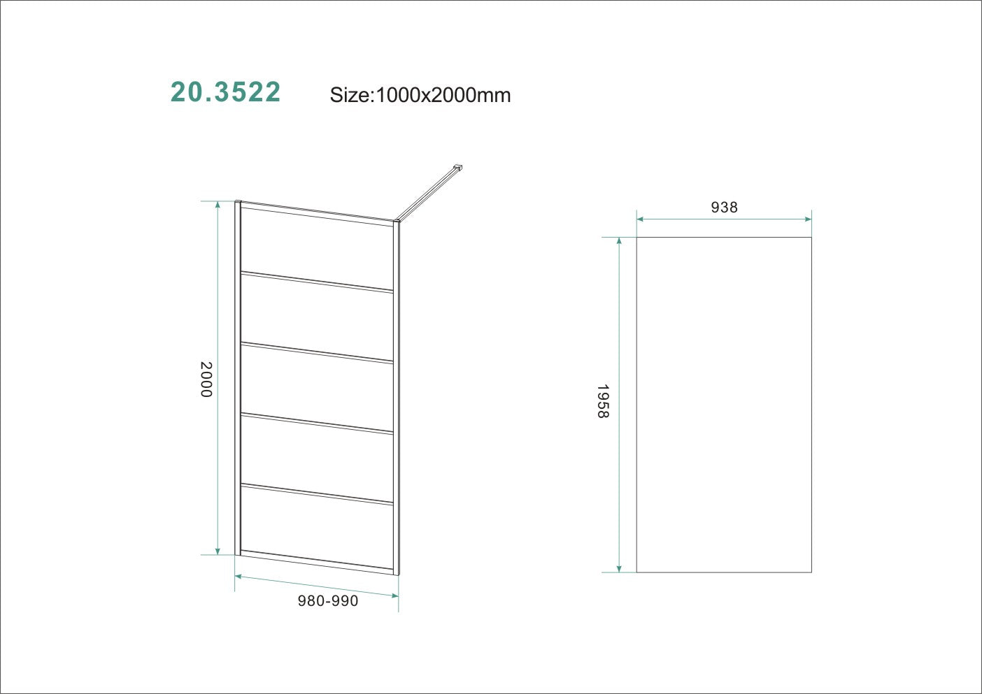 Wiesbaden Horizon inloopdouche mat zwart raster 100x200 cm - 8mm NANO glas - WDtegels