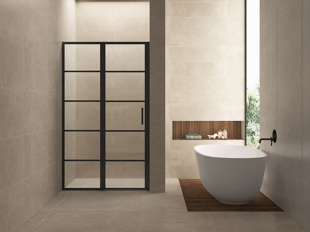 Horizon nisdeur met vast deel en raster 1000 x 2000 x 8mm nano helder glas/mat zwart - WDtegels