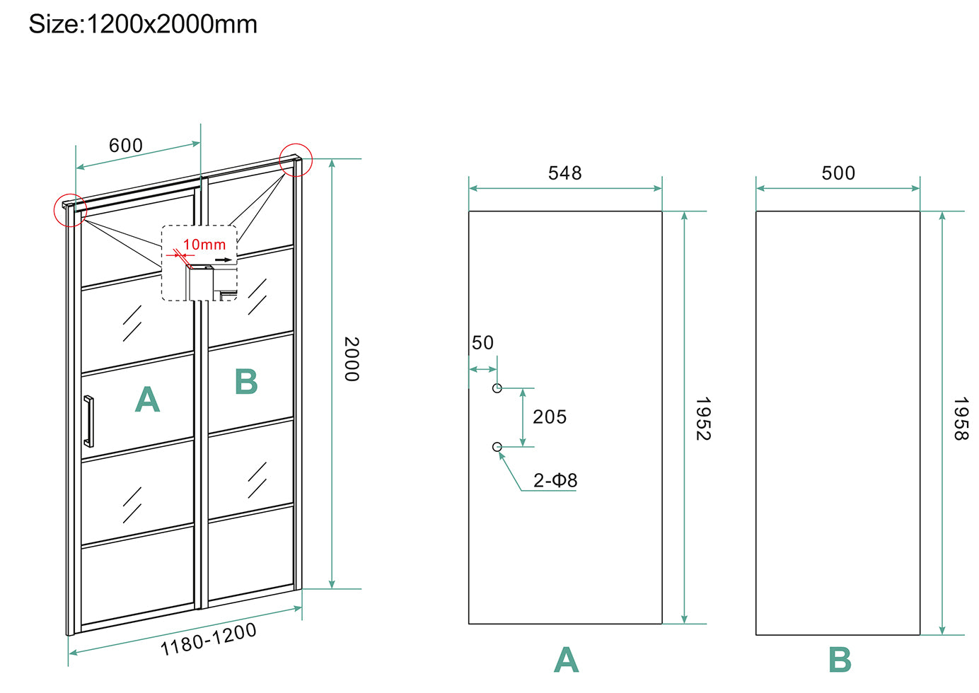 Puerta de nicho Horizon con sección fija y rejilla 1200 x 2000 x 8 mm, vidrio nano transparente/negro mate