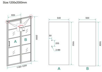 Puerta de nicho Horizon con sección fija y rejilla 1200 x 2000 x 8 mm, vidrio nano transparente/negro mate