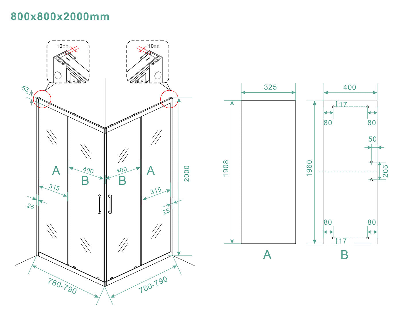 Skyline hoekinstap douchecabine | 2 schuifdeuren | 80x80x200cm | 8 mm nano helder glas/mat zwart - WDtegels