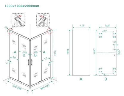 Skyline hoekinstap douchecabine | 2 schuifdeuren | 100x100x200cm | 8 mm nano helder glas/mat zwart - WDtegels