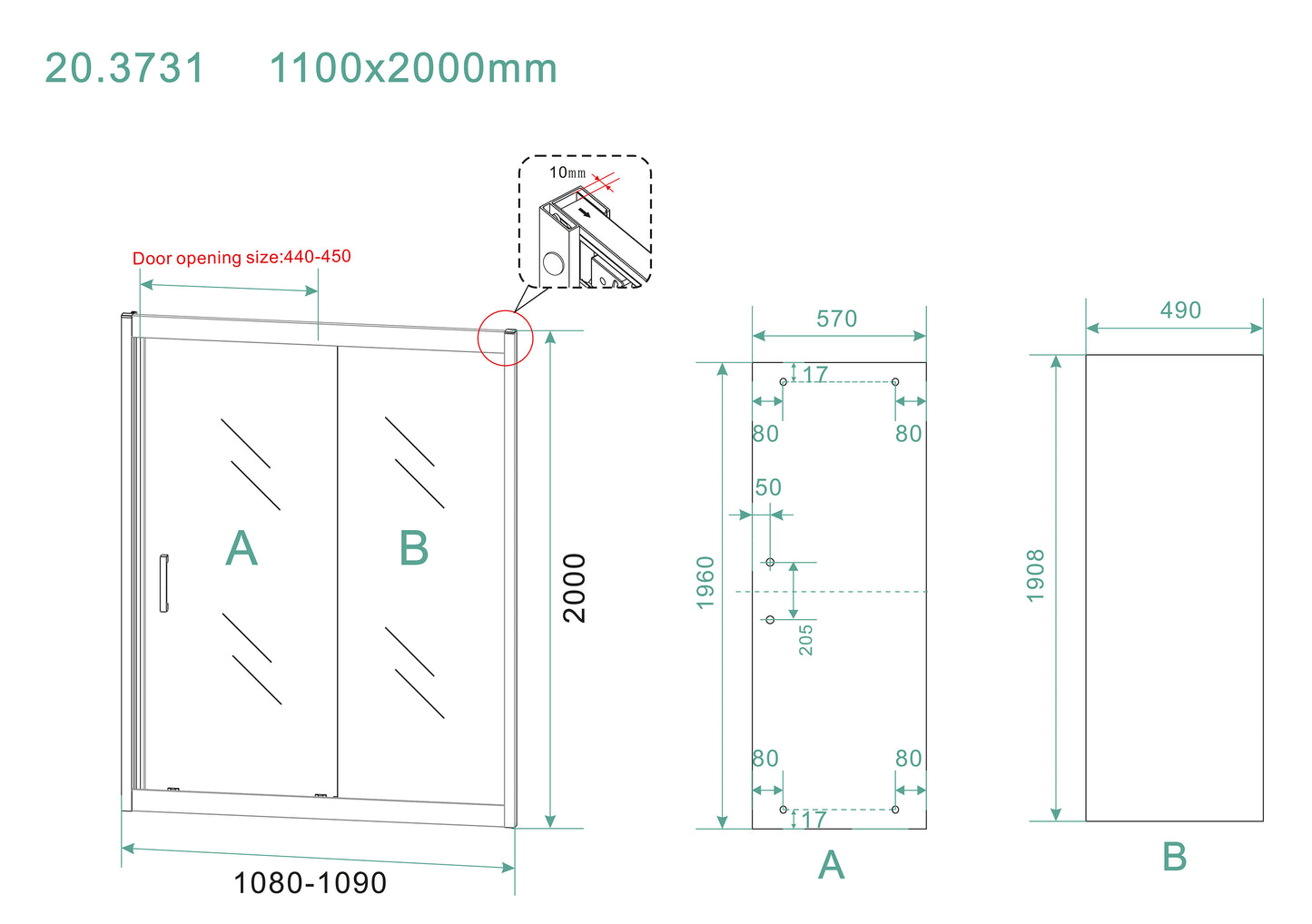 Puerta corredera de nicho Skyline 1100 x 2000 x 8 mm, cristal nano transparente/negro mate