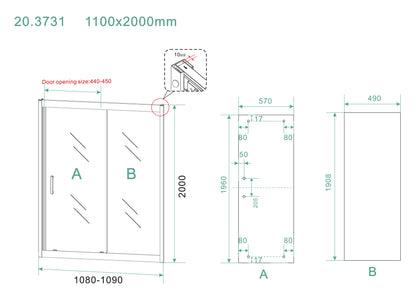 Puerta corredera de nicho Skyline 1100 x 2000 x 8 mm, cristal nano transparente/negro mate