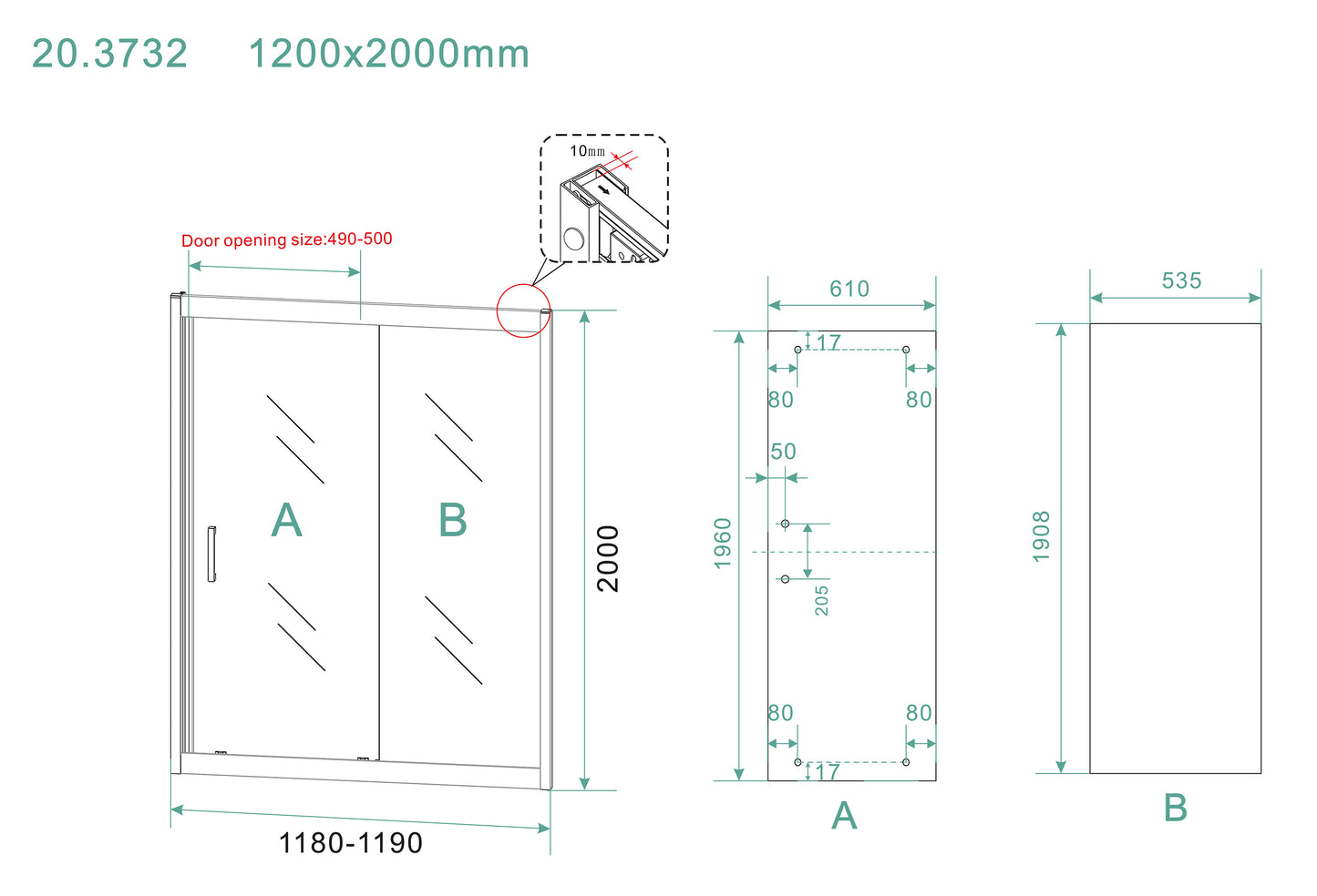 Puerta corredera de nicho Skyline 1200 x 2000 x 8 mm, cristal nano transparente/negro mate