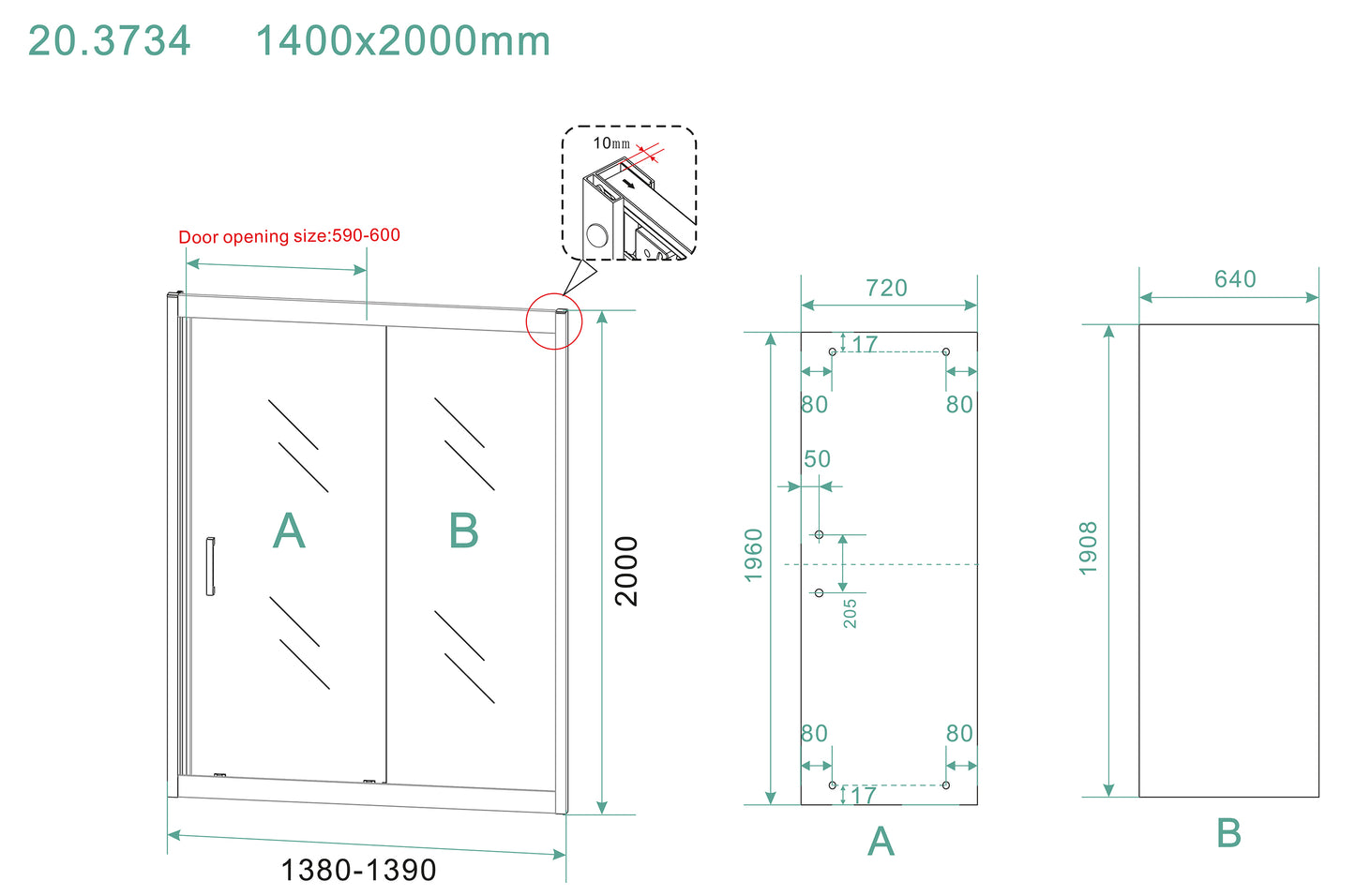 Puerta corredera de nicho Skyline 1400 x 2000 x 8 mm, cristal nano transparente/negro mate