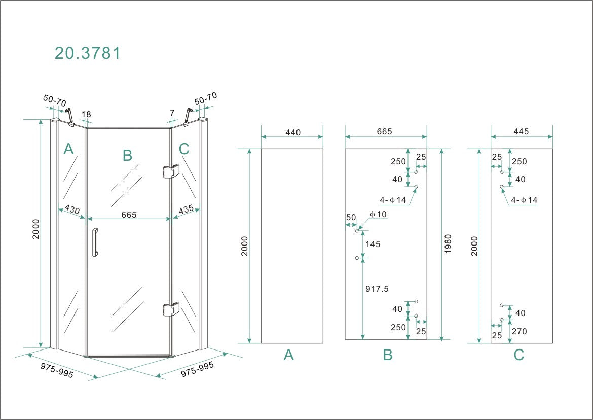 Wiesbaden 5-hoek douchecabine 8mm NANO 1000x1000x2000 - WDtegels