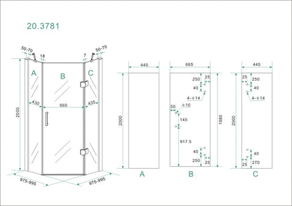 Wiesbaden 5-hoek douchecabine 8mm NANO 1000x1000x2000 - WDtegels