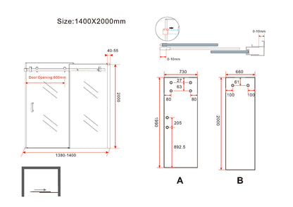 Slide niche sliding door 1400 x 2000 x 8 mm nano clear glass/chrome