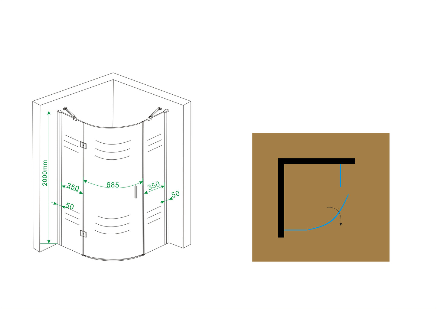 Douchecabine Wiesbaden kwartrond 1 deur LS 90x90cm 8mm NANO coating
