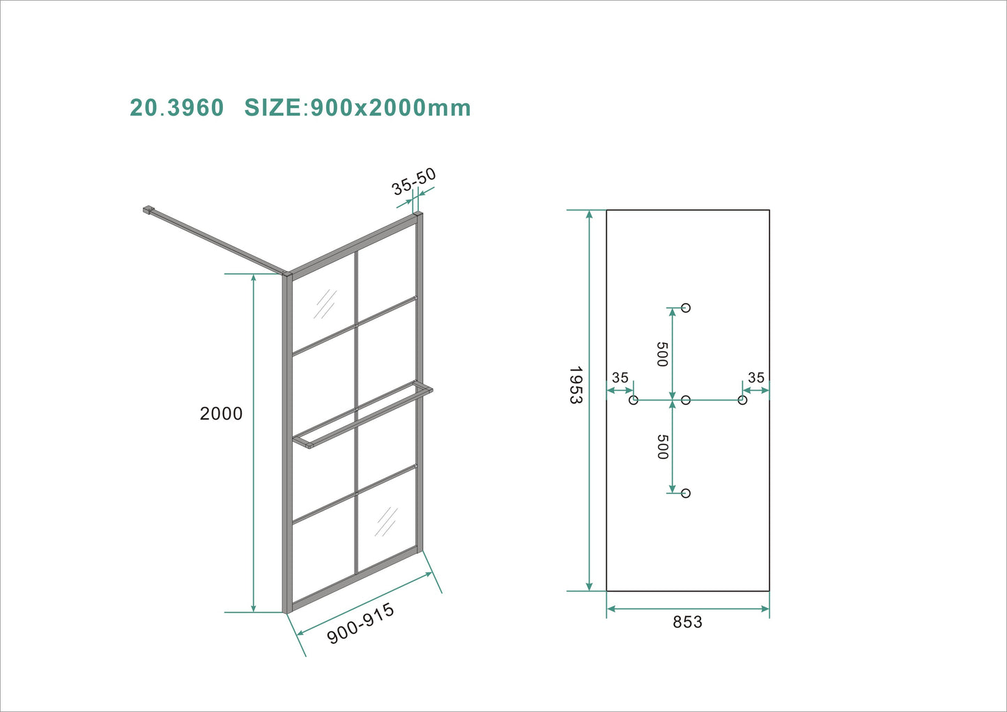 Wiesbaden Maaz inloopdouche zwart raster+handdoekhouder 90x200 cm - 10mm NANO glas