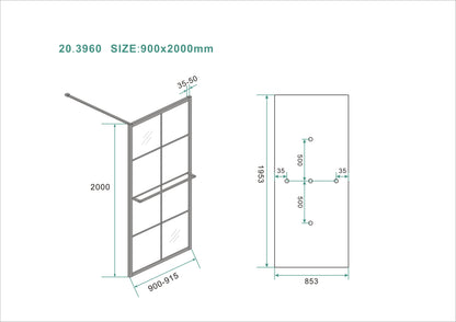 Wiesbaden Maaz inloopdouche zwart raster+handdoekhouder 90x200 cm - 10mm NANO glas