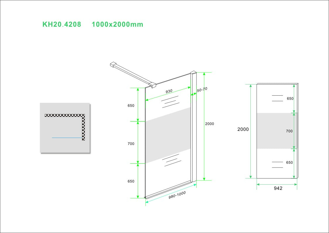 Wiesbaden Comfort inloopdouche 100x200 cm - 10mm NANO gedeeltelijk matglas - WDtegels