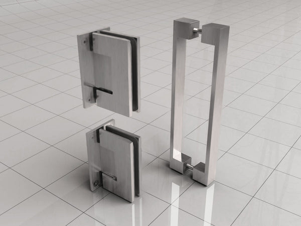 Less hinge set and handle for profileless niche door brushed steel