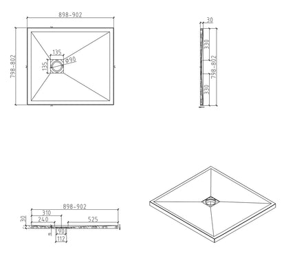 Plato de ducha Stonea antideslizante composite 800x900x30 mm, regulable, blanco mate