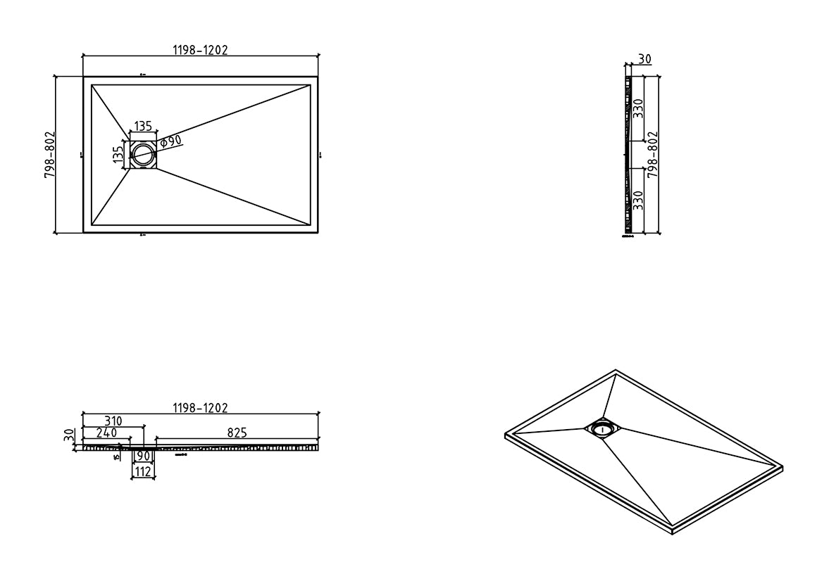 Plato de ducha Stonea antideslizante composite 800x1200x30 mm, regulable, blanco mate