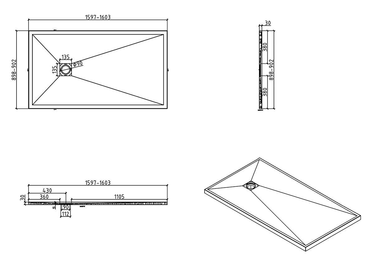 Stonea shower tray non-slip composite 900x1600x30 mm, adjustable, matt black