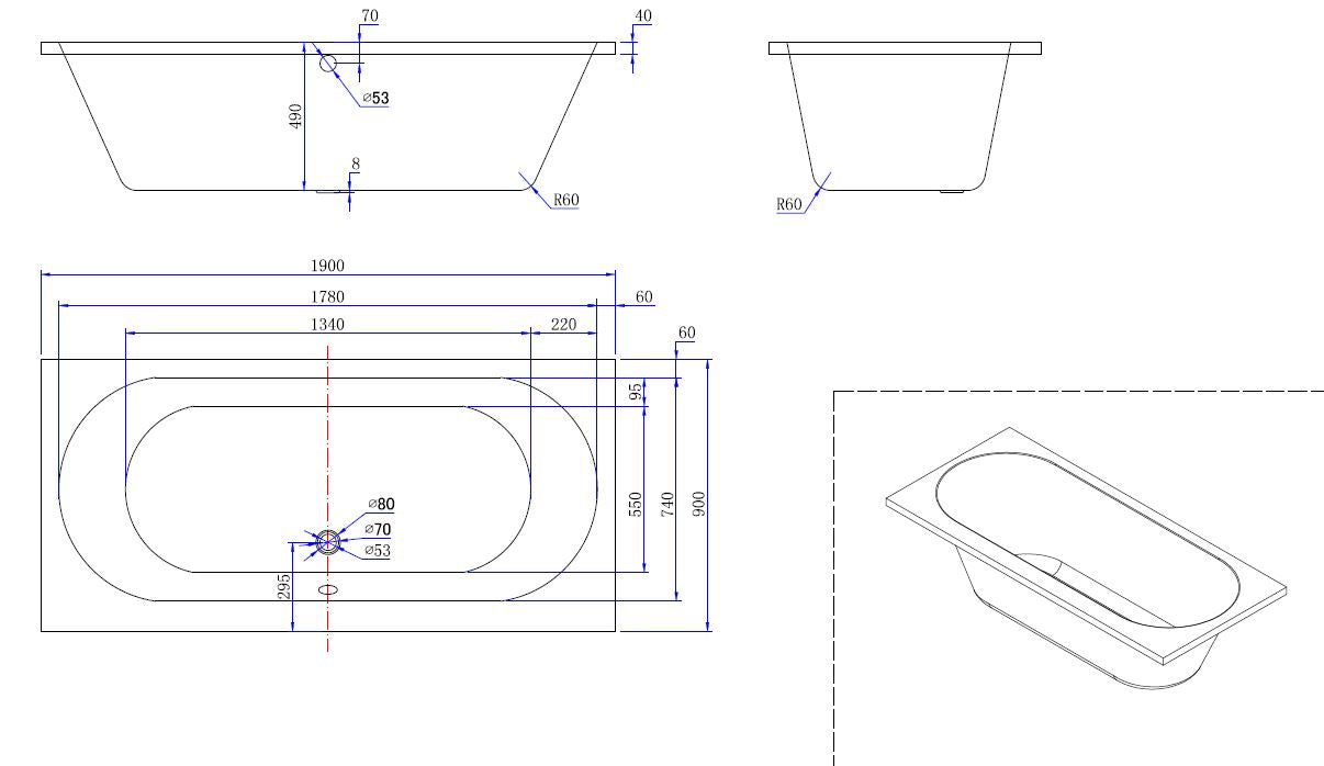 Wiesbaden Portus RD inbouw ligbad 190*90*49 cm wit DUO