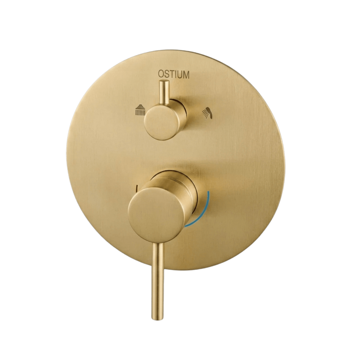 Detail van de bediening van inbouw regendoucheset Terni in goud