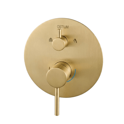 Detail van de bediening van inbouw regendoucheset Terni in goud