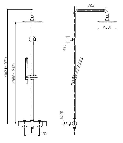 Wiesbaden 304 RVS douche-opbouwset + therm. kraan matzwart - WDtegels