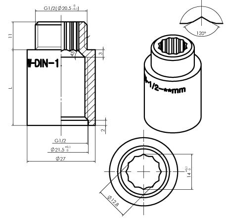 Lijntekening Kraanverlengkoppeling 1/2 x 30 chroom