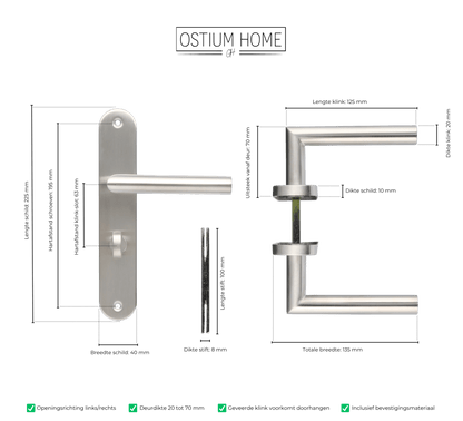 Maattekening van deurklink Volano in RVS met WC-sluiting 63 mm