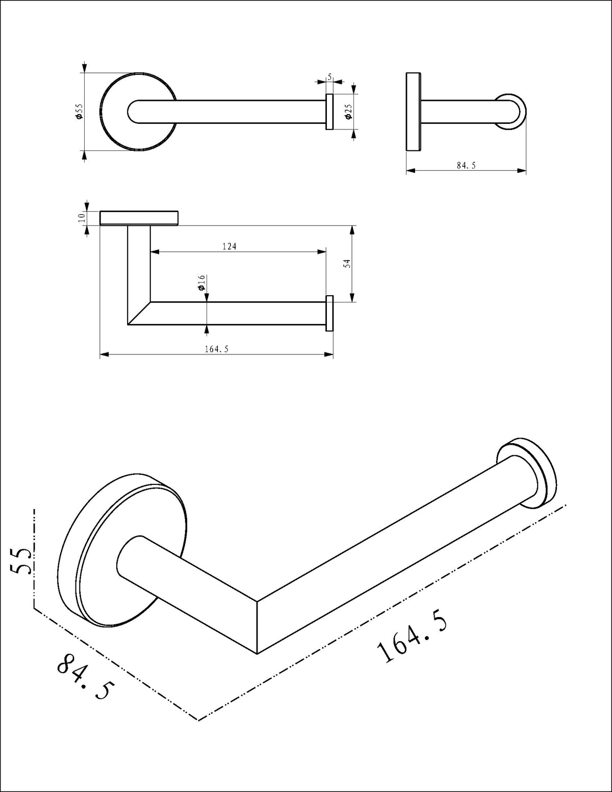 Lijntekening Alonzo toiletrolhouder met vaste arm gunmetal PVD