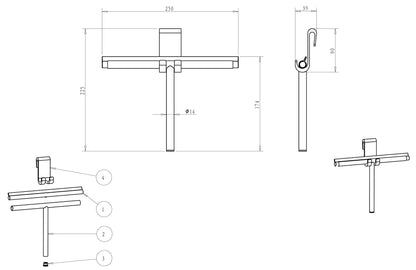 Lijntekening Alonzo raamwisser met flexibele glashaak geborsteld messing PVD