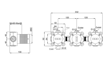 Maattekening Caral inbouwdeel thermostatische douchekraan met 2 stopkranen