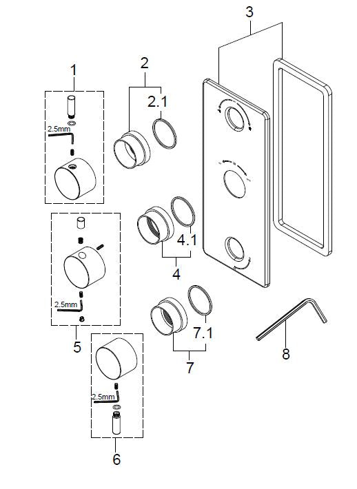 Caral inbouw douchekraan afbouwset 3-weg RVS look 8718858078851