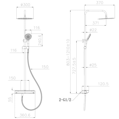 Maattekening Tondell thermostatische regendoucheset opbouw met planchet Chroom
