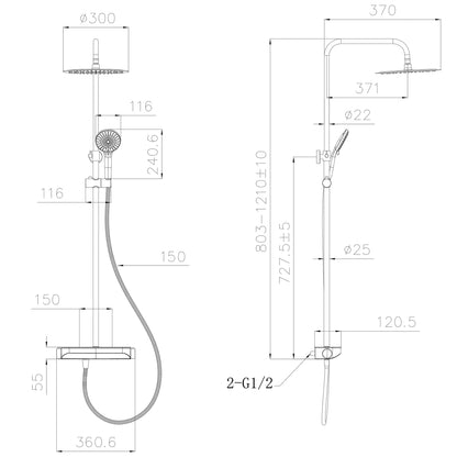 Maattekening Tondell thermostatische regendoucheset opbouw met planchet Mat zwart