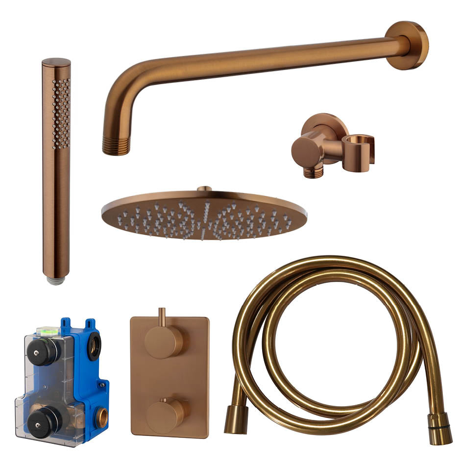 Caral inbouwthermostaat compleet met hoofddouche 25 cm en staafhanddouche geborsteld brons koper - WDtegels