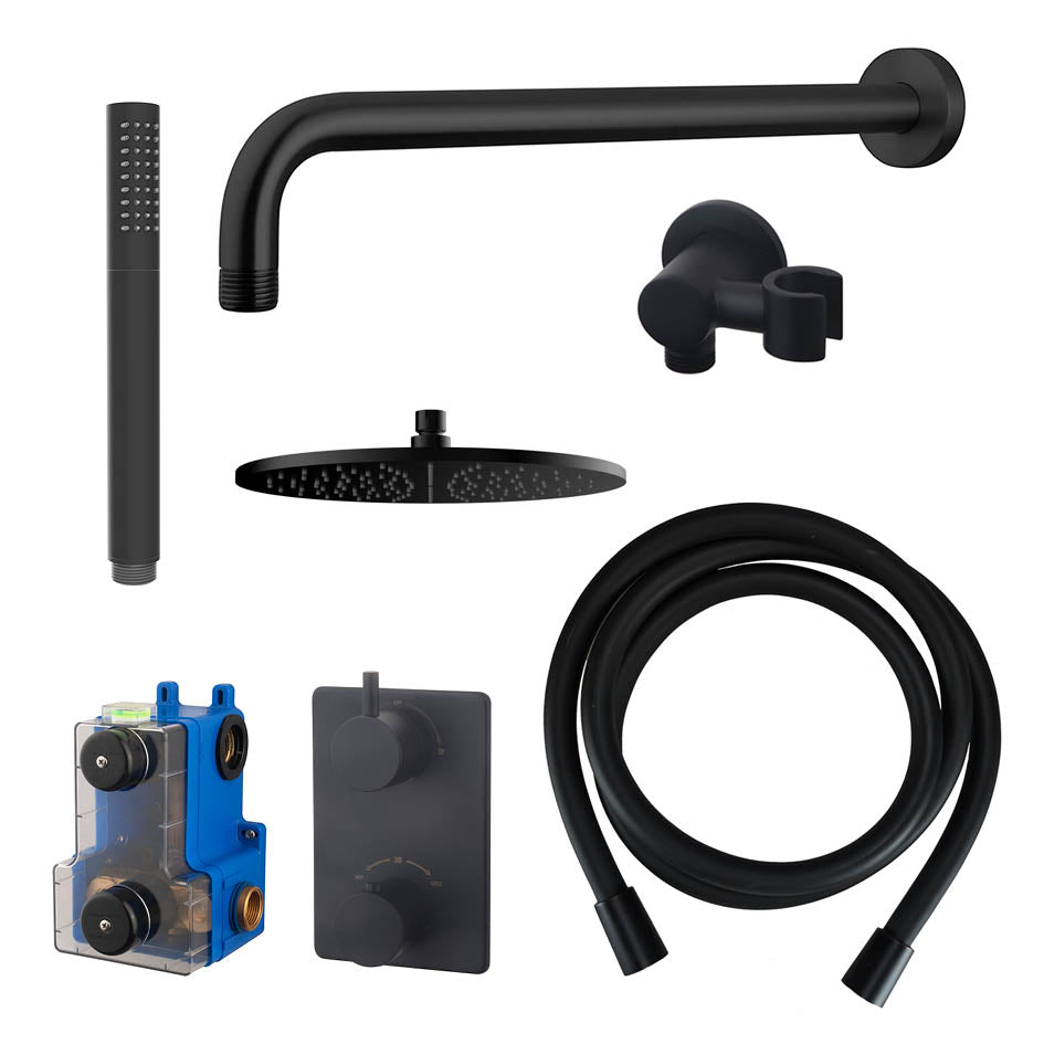 Caral inbouwthermostaat compleet met hoofddouche 30 cm en staafhanddouche mat zwart - WDtegels